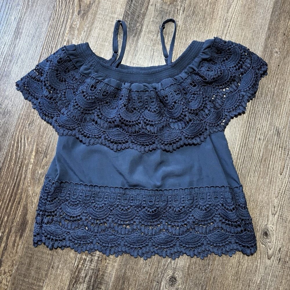 0077 No Boundaries Dark Blue Lace Overlay Blouse